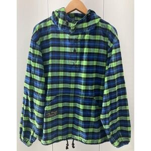 The Vermont Flannel Co Pullover Hoodie Mens Small Green Blue Plaid Hooded Shirt